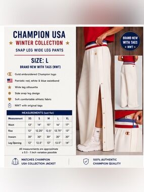 Champion USA Winter Collection Wide Leg Snap Pants NWT Size Large Cream